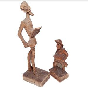 Vtg Hand Carved Wood Figures Don Quixote & Sancho Panza Charachter Books Spain